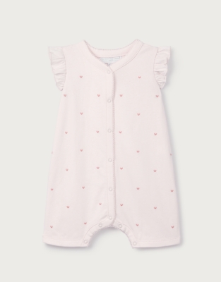Organic Cotton Pink Heart Embroidered Frill Shortie Sleepsuit (0–2yrs)