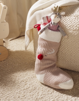 Organic Cotton Pink Knitted Jingles Reindeer Stocking