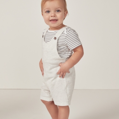 Organic Cotton Piqué Dungarees & Striped T-Shirt Set (0–18mths)