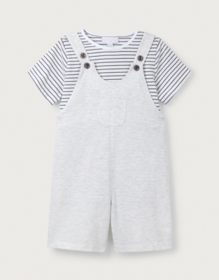 Organic Cotton Piqué Dungarees & Striped T-Shirt Set (18mths–6yrs)