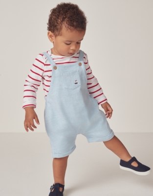 Organic Cotton Piqué Embroidered Boat Dungarees & Stripe Top Set (0–24mths)