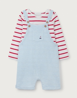 Organic Cotton Piqué Embroidered Boat Overalls & Stripe Top Set (0–24mths)
