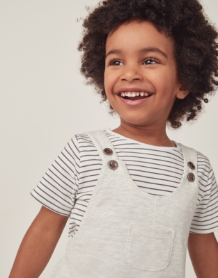 Organic Cotton Piqué Overalls & Striped T-Shirt Set (18mths–6yrs)