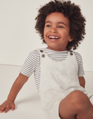 Organic Cotton Piqué Overalls & Striped T-Shirt Set (18mths–6yrs)