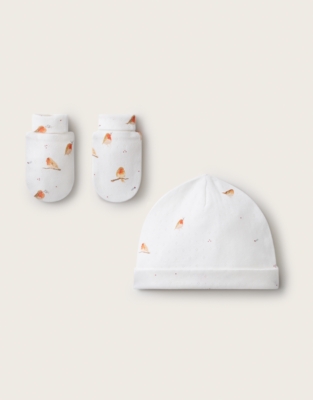 Organic Cotton Pointelle Robin Hat & Mittens Set (0–12mths)