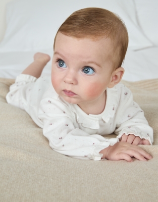 Organic Cotton Pointelle Winter Floral Frill Sleepsuit (0–24mths)