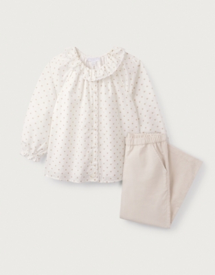 Organic Cotton Polka Dot Textured Blouse & Cord Pants Set (18mths–6yrs)