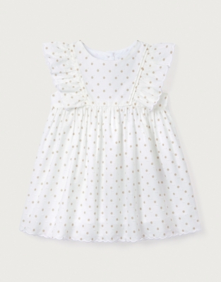 Organic Cotton Polka Dot Textured Frill Detail Dress (18mths–6yrs)