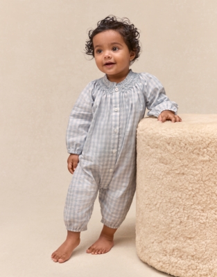 Organic Cotton Poplin Mini Gingham Hand Smocked Romper (0–24mths)