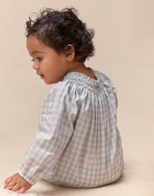 Organic Cotton Poplin Mini Gingham Hand Smocked Romper (0–24mths)