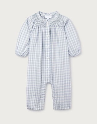 Organic Cotton Poplin Mini Gingham Hand Smocked Romper (0–24mths)