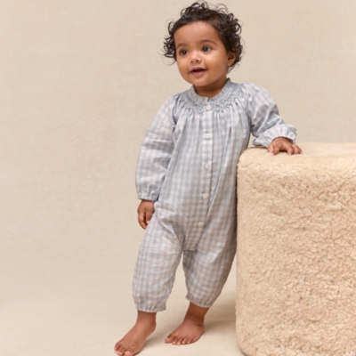 Organic Cotton Poplin Mini Gingham Hand Smocked Romper
