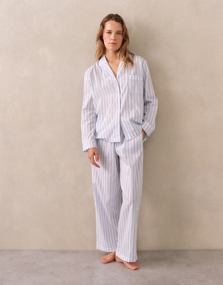 Organic Cotton Poplin Stripe Pyjama Set - Blue Stripe