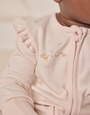 Organic Cotton Puddle Ducks Frill Sleeve Zip Sleepsuit (0–24mths)