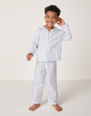 Organic Cotton Relaxed Fit Traditional Blue Stripe Poplin Piped Pyjamas (2–12yrs)