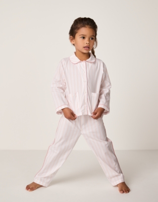 Organic Cotton Relaxed Fit Traditional Pink Stripe Poplin Piped Pyjamas (2–12yrs)