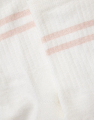 Organic Cotton Ribbed Double Stripe Socks - White/Pink