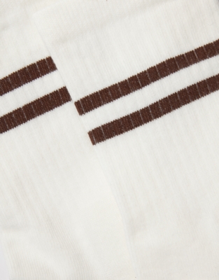 Organic Cotton Ribbed Double Stripe Socks - White/Chocolate