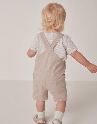 Organic Cotton Ribbed Dungarees & Stripe T-Shirt Set (0–24mths)