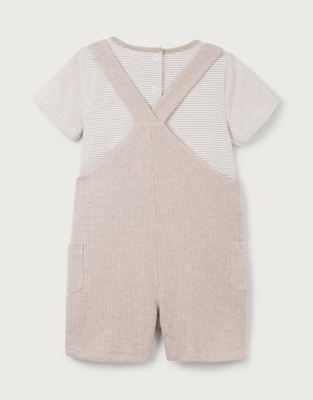 Organic Cotton Ribbed Dungarees & Stripe T-Shirt Set (0–24mths)