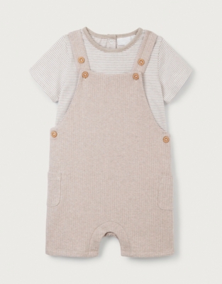 Organic Cotton Ribbed Dungarees & Stripe T-Shirt Set (0–24mths)