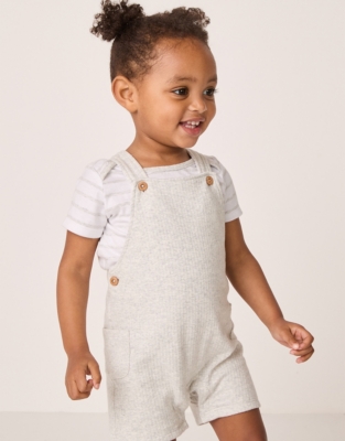 Organic Cotton Ribbed Dungarees & Striped T-Shirt Set (0–24mths)
