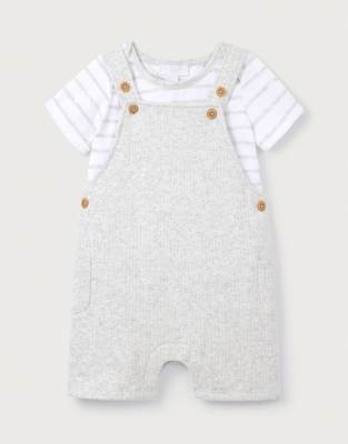 Organic Cotton Ribbed Dungarees & Striped T-Shirt Set (0–24mths)