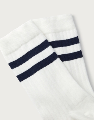 Organic Cotton Ribbed Stripe Socks - Scandi White/Navy