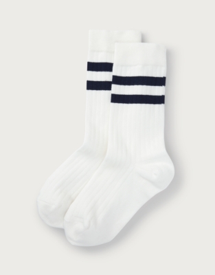 Organic Cotton Ribbed Stripe Socks - Scandi White/Navy