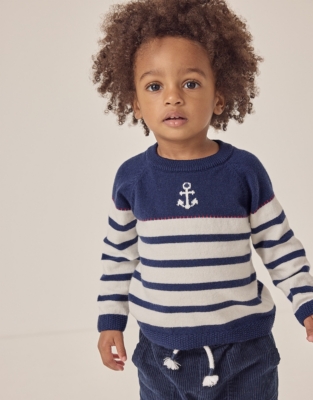 Organic Cotton Rich Anchor Striped Jumper with Wool (0–18mths)