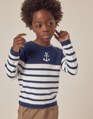 Organic Cotton Rich Anchor Striped Jumper with Wool (18mths–6yrs)