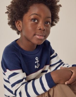 Organic Cotton Rich Anchor Striped Jumper with Wool (18mths–6yrs)