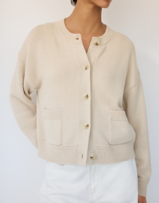 Organic Cotton Rich Crew Neck Cardigan with Wool