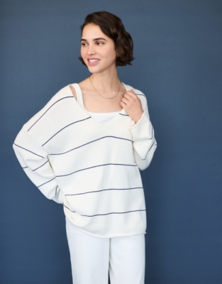 Organic Cotton Rich Fine Stripe Oversized Jumper with Wool