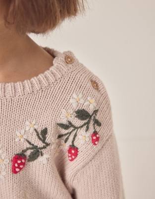 Organic Cotton Rich Strawberry Embroidered Jumper with Wool (18mths–6yrs)