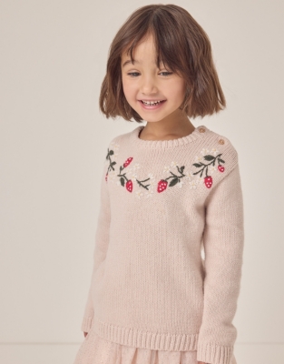 Organic Cotton Rich Strawberry Embroidered Jumper with Wool (18mths–6yrs)