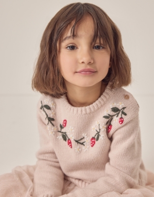 Organic Cotton Rich Strawberry Embroidered Jumper with Wool (18mths–6yrs)