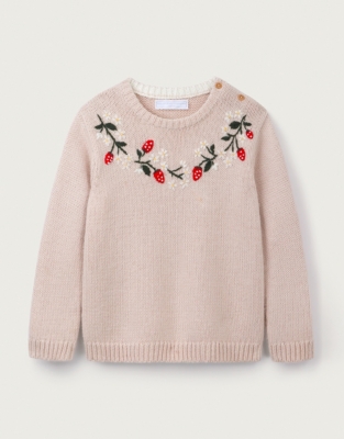 Organic Cotton Rich Strawberry Embroidered Sweater with Wool (0–18mths)