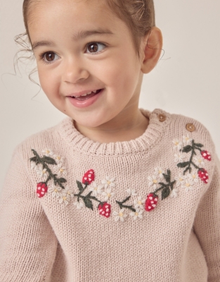 Organic Cotton Rich Strawberry Embroidered Sweater with Wool (0–18mths)