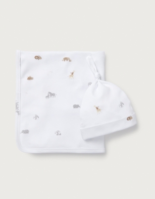 Organic Cotton Safari Families Blanket & Hat Set (0–12mths)