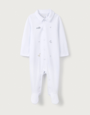 Organic Cotton Safari Families Embroidered Collared Sleepsuit (0–24mths)