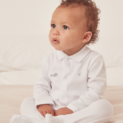 Organic Cotton Safari Families Embroidered Collared Sleepsuit (0–9mths)