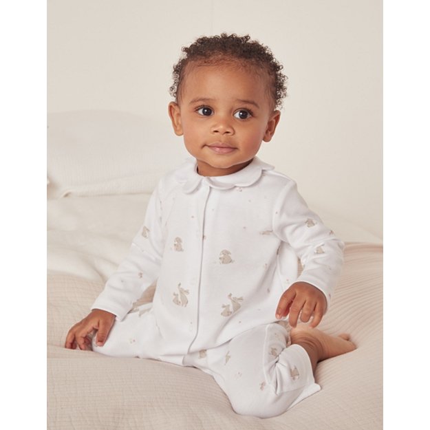 Organic Cotton Scallop Collar Hoppy Bunny Sleepsuit (0–24mths) | Baby Sleepsuits | The White Company