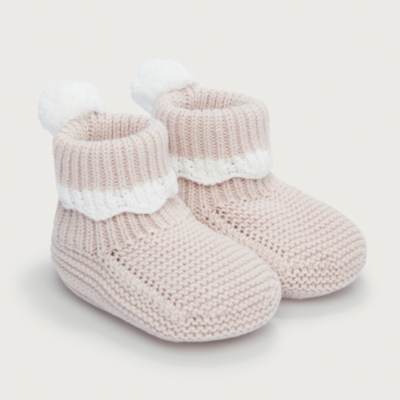 Organic Cotton Scallop Knitted Pom Pom Booties