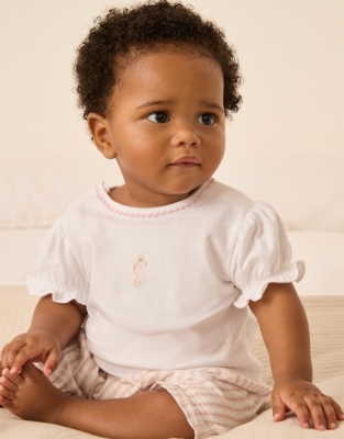 Organic Cotton Seahorse Embroidered Mock Top Shortie  (0–24mths)