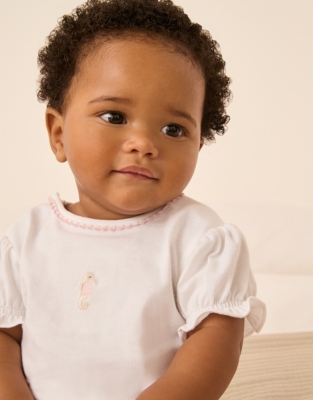 Organic Cotton Seahorse Embroidered Mock Top Shortie  (0–24mths)