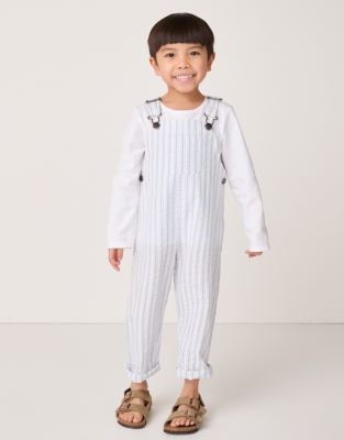 Organic Cotton Seersucker Dungarees & Top Set (18mths–6yrs)