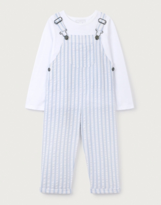 Organic Cotton Seersucker Dungarees & Top Set (18mths–6yrs)
