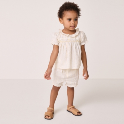 Organic Cotton Seersucker Hand Smocked ‘Lemon’ Top & Bloomers Set (0–24mths)