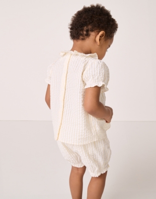 Organic Cotton Seersucker Hand Smocked ‘Lemon’ Top & Bloomers Set (0–24mths)
